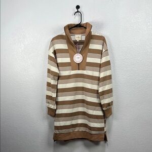 Umgee Women’s Tan and Cream Striped Zip-Up Dress Long Sleeve Sz S